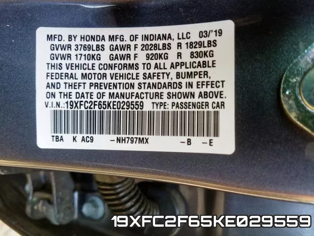 19XFC2F65KE029559 фото 2