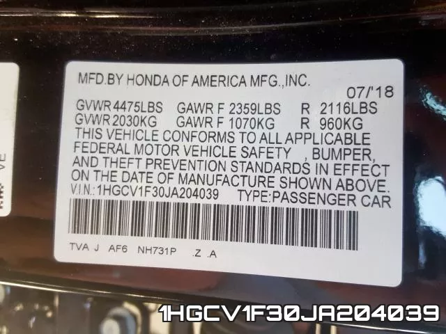1HGCV1F30JA204039 фото 2