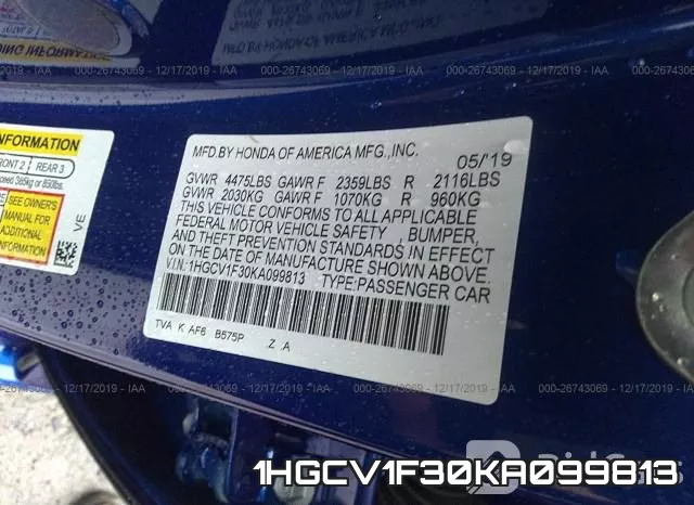 1HGCV1F30KA099813 фото 10