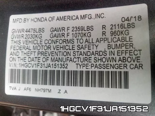 1HGCV1F31JA151352 фото 2
