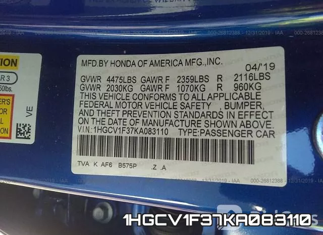 1HGCV1F37KA083110 фото 10