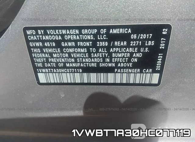 1VWBT7A30HC077119 фото 10