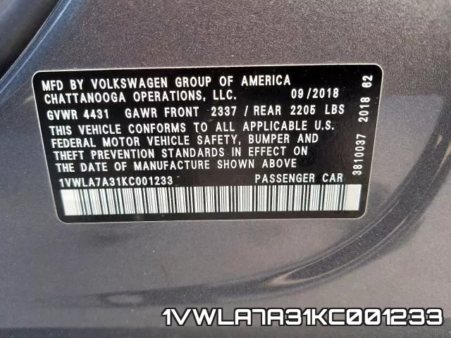 1VWLA7A31KC001233 фото 2