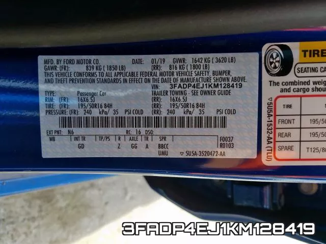 3FADP4EJ1KM128419 фото 2