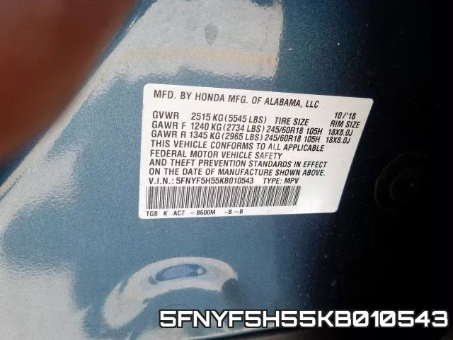 5FNYF5H55KB010543 фото 2