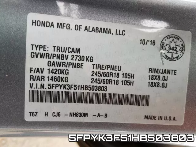 5FPYK3F51HB503803 фото 2