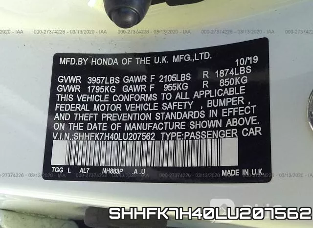 SHHFK7H40LU207562 фото 10