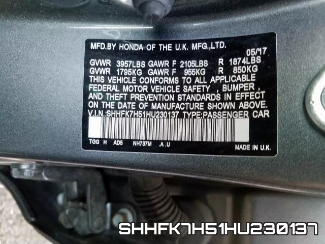 SHHFK7H51HU230137 фото 2