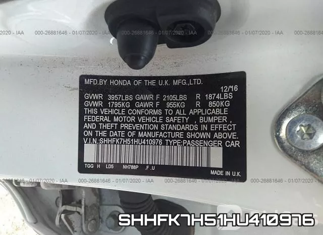 SHHFK7H51HU410976 фото 10