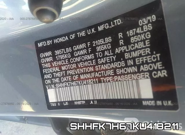 SHHFK7H67KU418211 фото 10