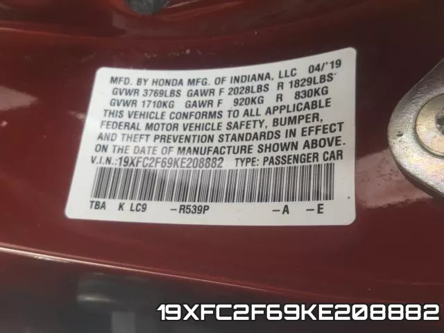 19XFC2F69KE208882 фото 2