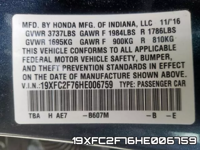 19XFC2F76HE006759 фото 2