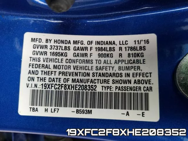 19XFC2F8XHE208352 фото 2