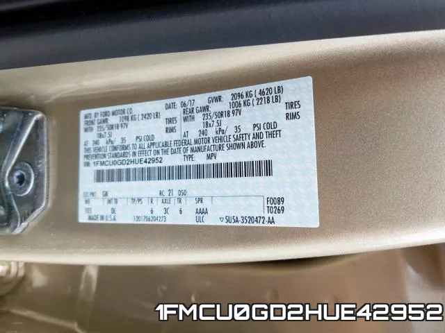 1FMCU0GD2HUE42952 фото 2