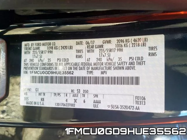 1FMCU0GD9HUE35562 фото 2