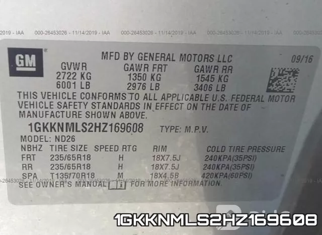1GKKNMLS2HZ169608 фото 10