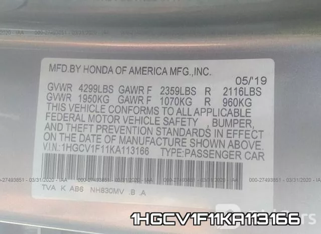 1HGCV1F11KA113166 фото 10
