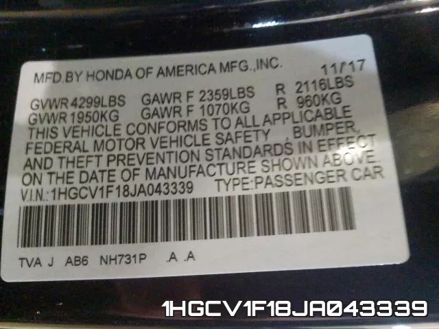 1HGCV1F18JA043339 фото 2