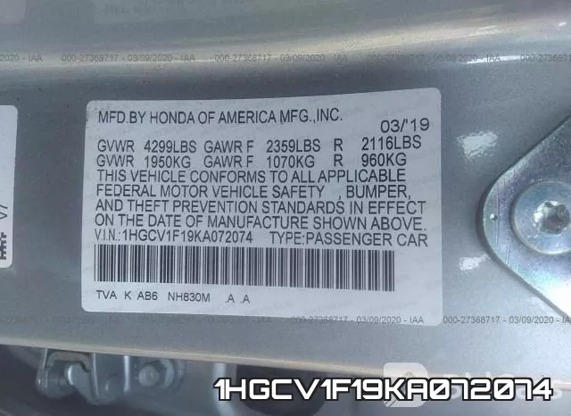 1HGCV1F19KA072074 фото 10