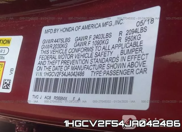 1HGCV2F54JA042486 фото 10