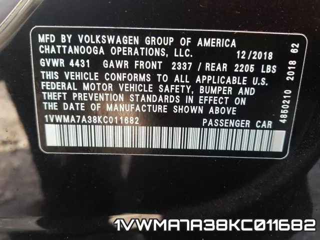 1VWMA7A38KC011682 фото 2