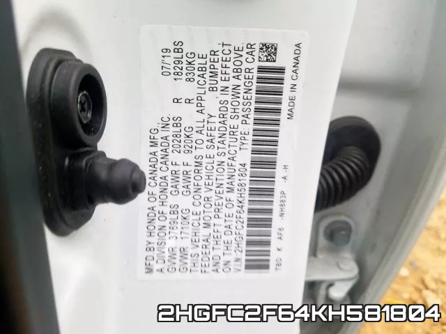 2HGFC2F64KH581804 фото 2