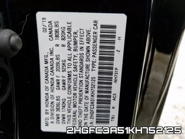2HGFC3A51KH752125 фото 2