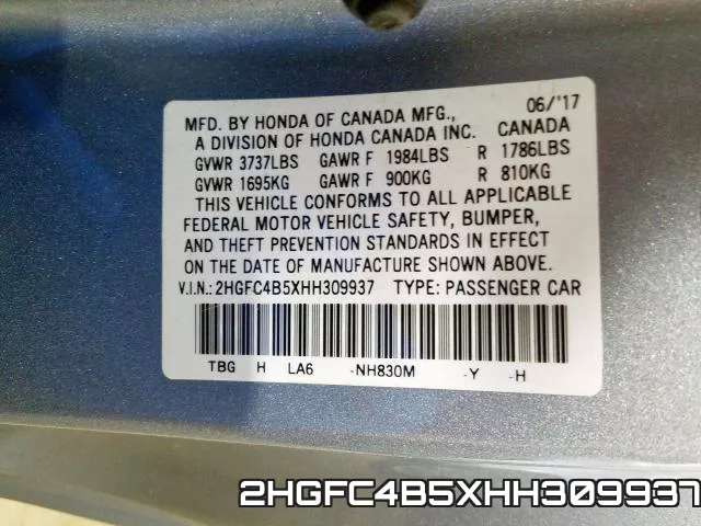 2HGFC4B5XHH309937 фото 2