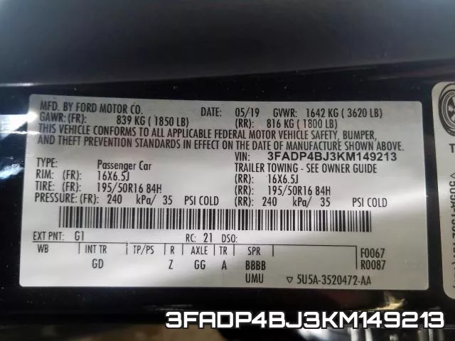 3FADP4BJ3KM149213 фото 2