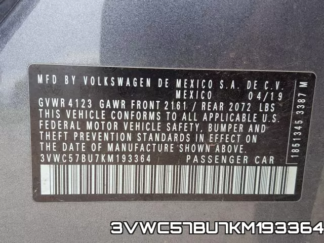 3VWC57BU7KM193364 фото 2