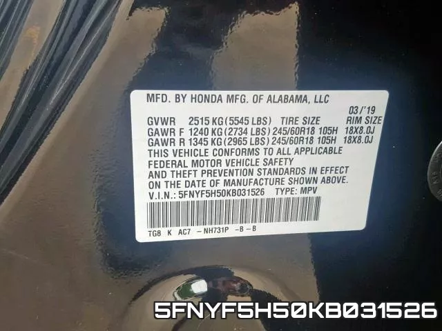 5FNYF5H50KB031526 фото 2