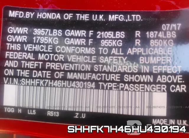 SHHFK7H46HU430194 фото 10