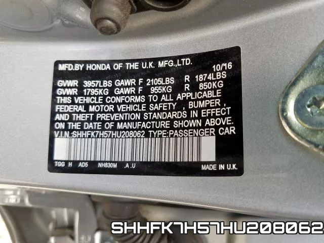 SHHFK7H57HU208062 фото 2