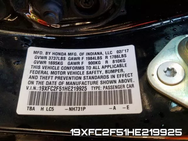 19XFC2F51HE219925 фото 2
