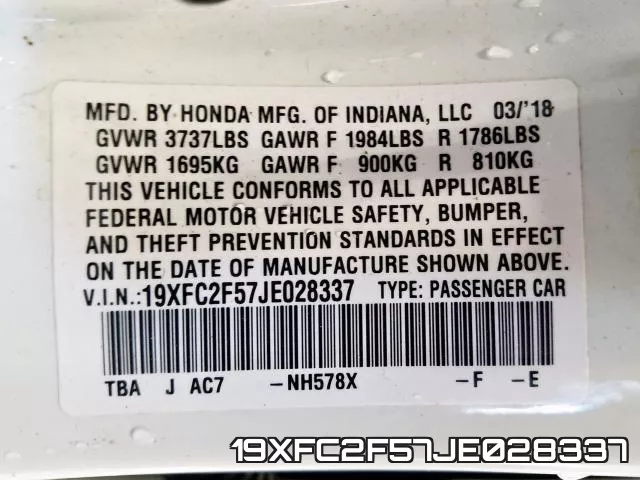 19XFC2F57JE028337 фото 2