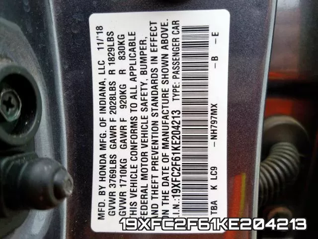 19XFC2F61KE204213 фото 2