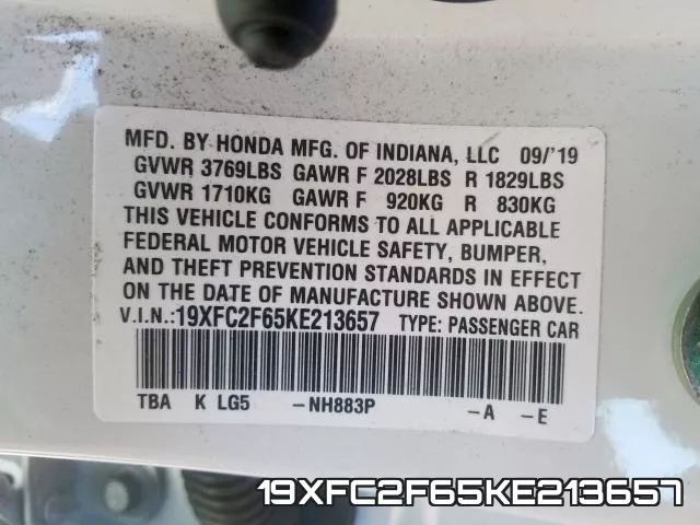 19XFC2F65KE213657 фото 2