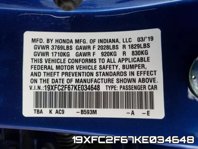 19XFC2F67KE034648 фото 2