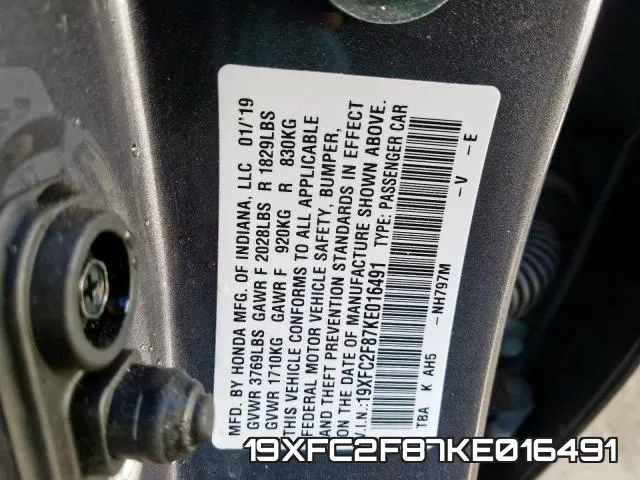 19XFC2F87KE016491 фото 2
