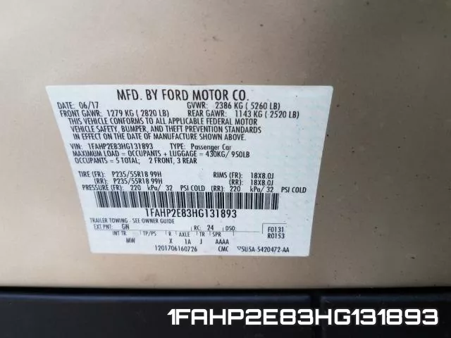1FAHP2E83HG131893 фото 2