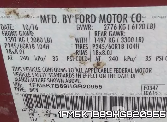 1FM5K7B89HGB20955 фото 10