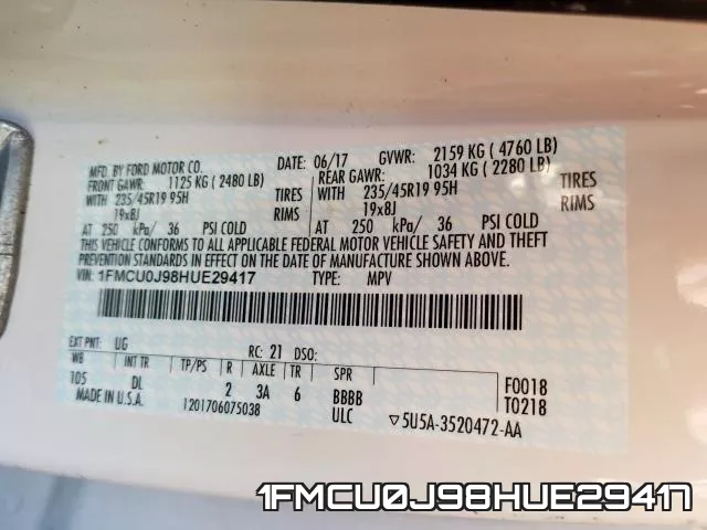 1FMCU0J98HUE29417 фото 2