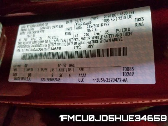 1FMCU0JD5HUE34658 фото 2