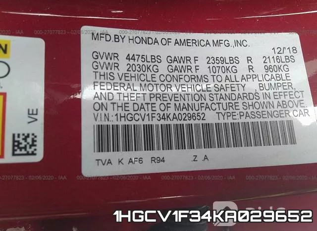 1HGCV1F34KA029652 фото 10
