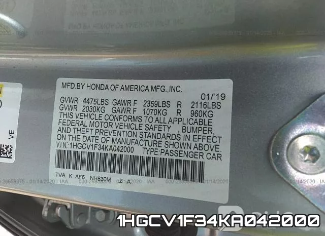 1HGCV1F34KA042000 фото 10