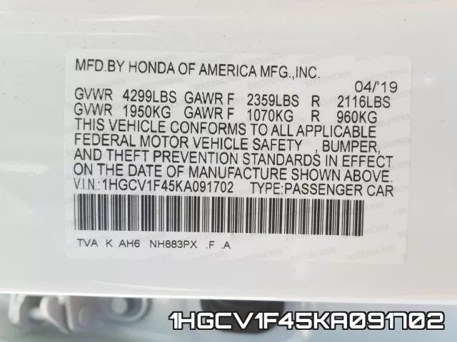 1HGCV1F45KA091702 фото 2