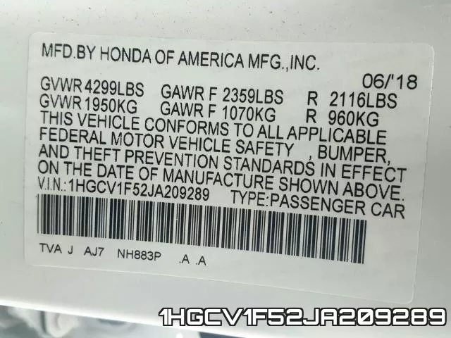 1HGCV1F52JA209289 фото 2