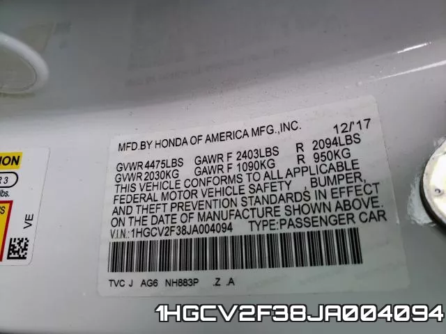 1HGCV2F38JA004094 фото 2