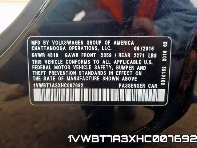 1VWBT7A3XHC007692 фото 2