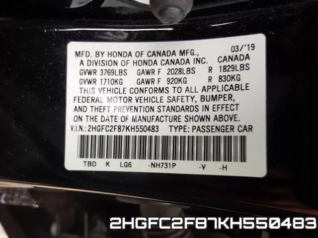2HGFC2F87KH550483 фото 2